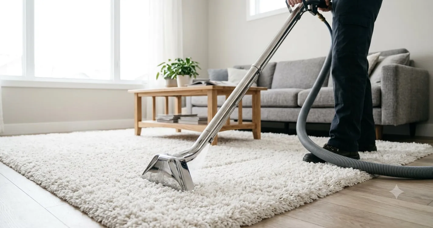 Carpet cleaner using a steam-extraction wand on a plush cream area rug in Soquel, CA