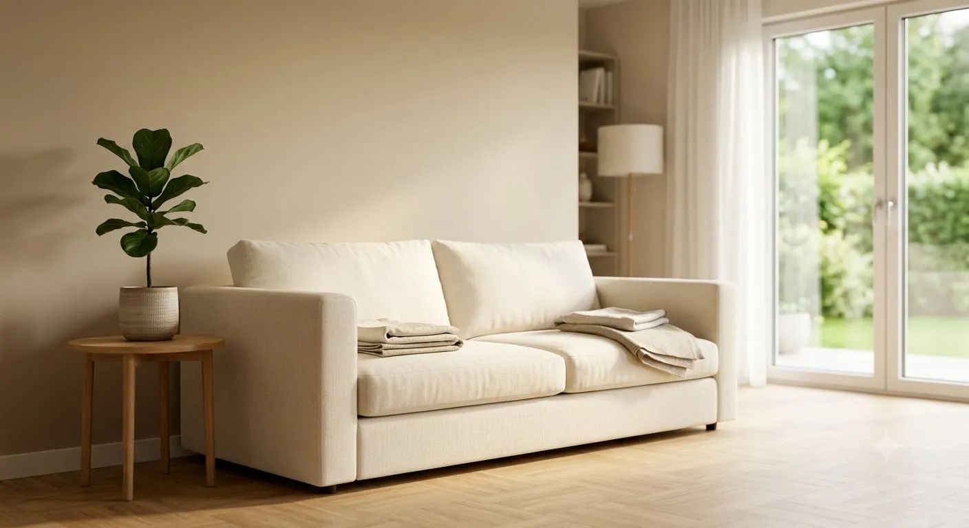 Freshly cleaned cream sofa in a bright Soquel, CA living room